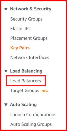 Picture showing the load balancers menu in AWS console